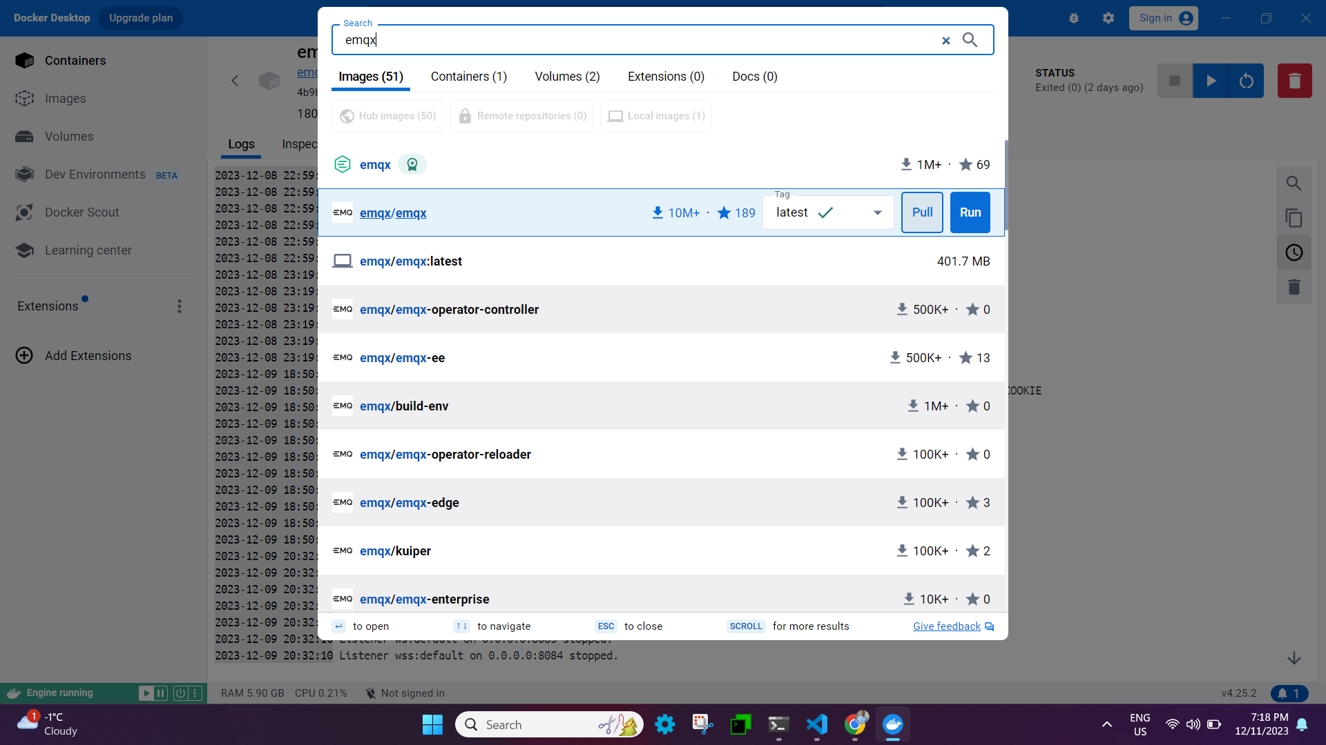 emqx running via Docker Desktop on Windows