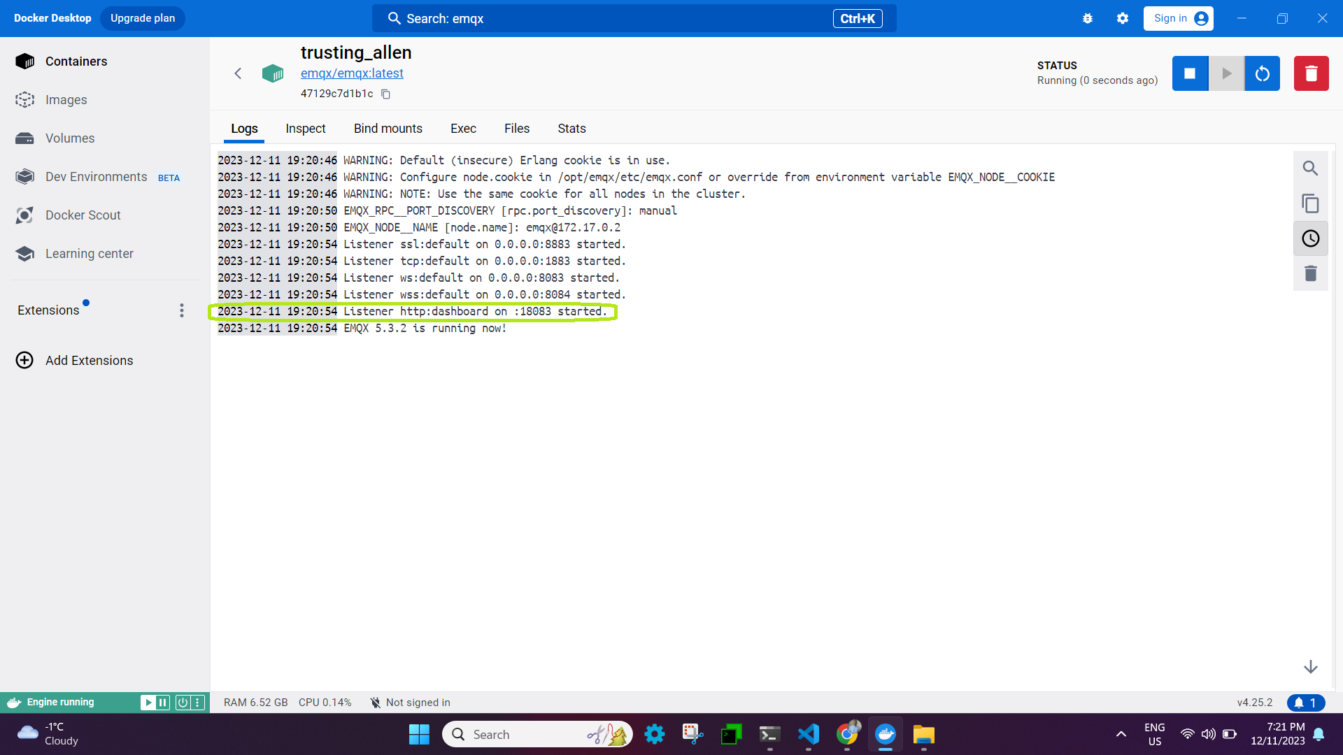 EMQX docker container running