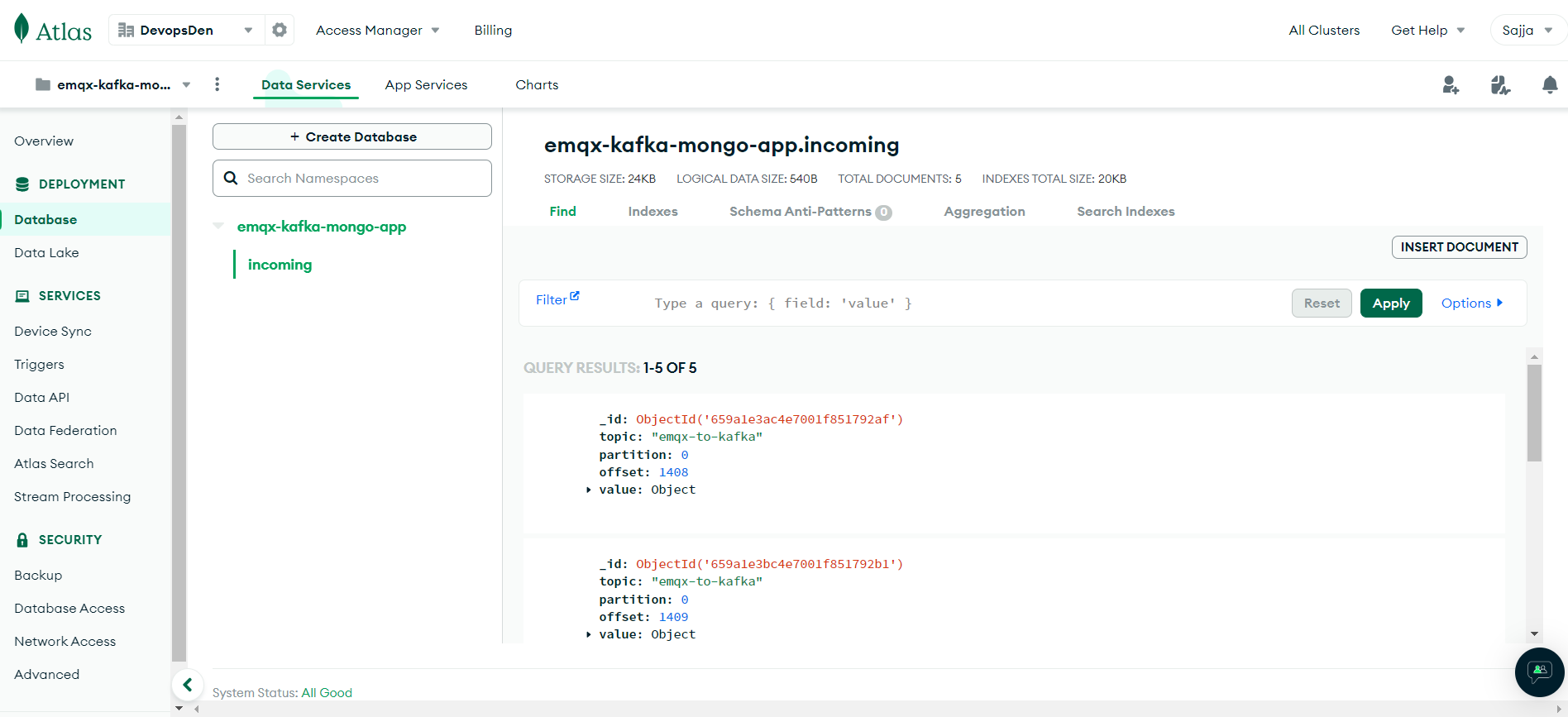 records visible in the MongoDB Atlas console